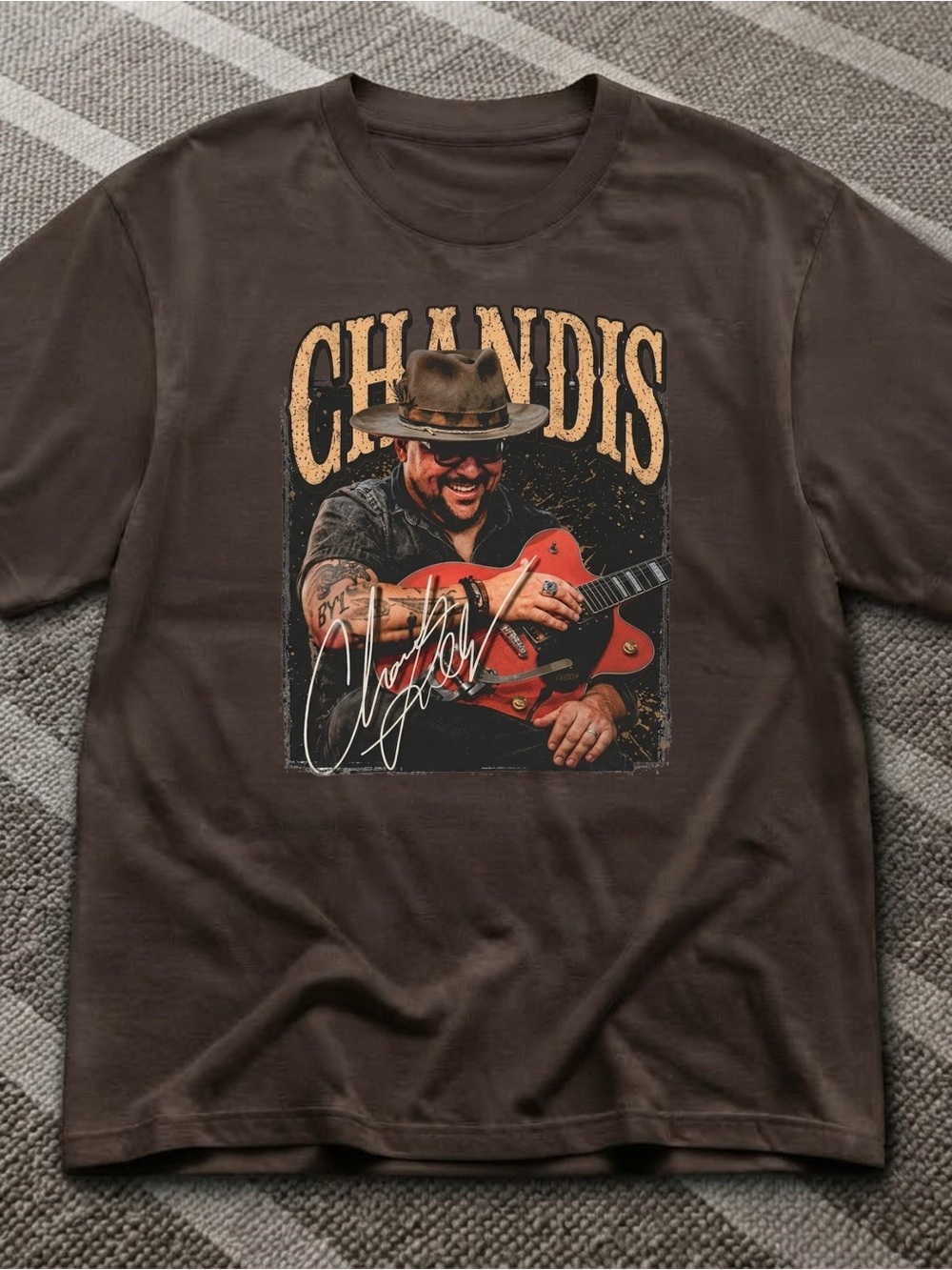 Gildan Chandis Graphic Tee with Guitar Print - Brown